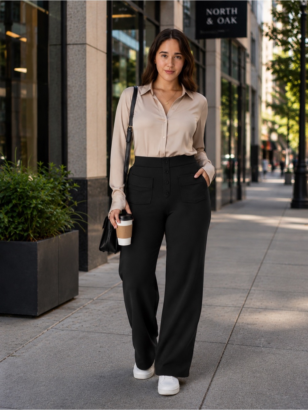 HALARA Black High-Rise Straight-Leg Pants with Front Button Detail